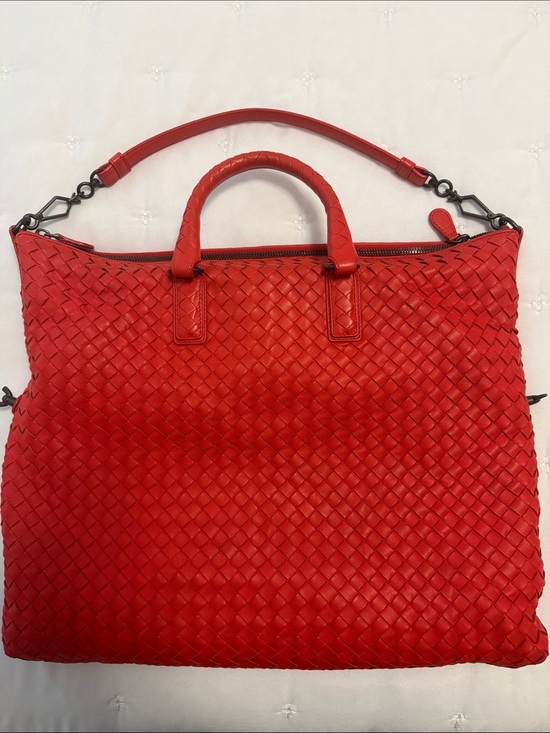Bottega Veneta Handbags - Bottega Veneta Red Intrecciato Woven Tote with Top Handles